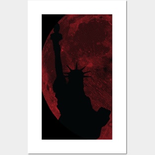 Minimalistic Lunar Liberty - Red Moon Background Statue of Liberty Posters and Art